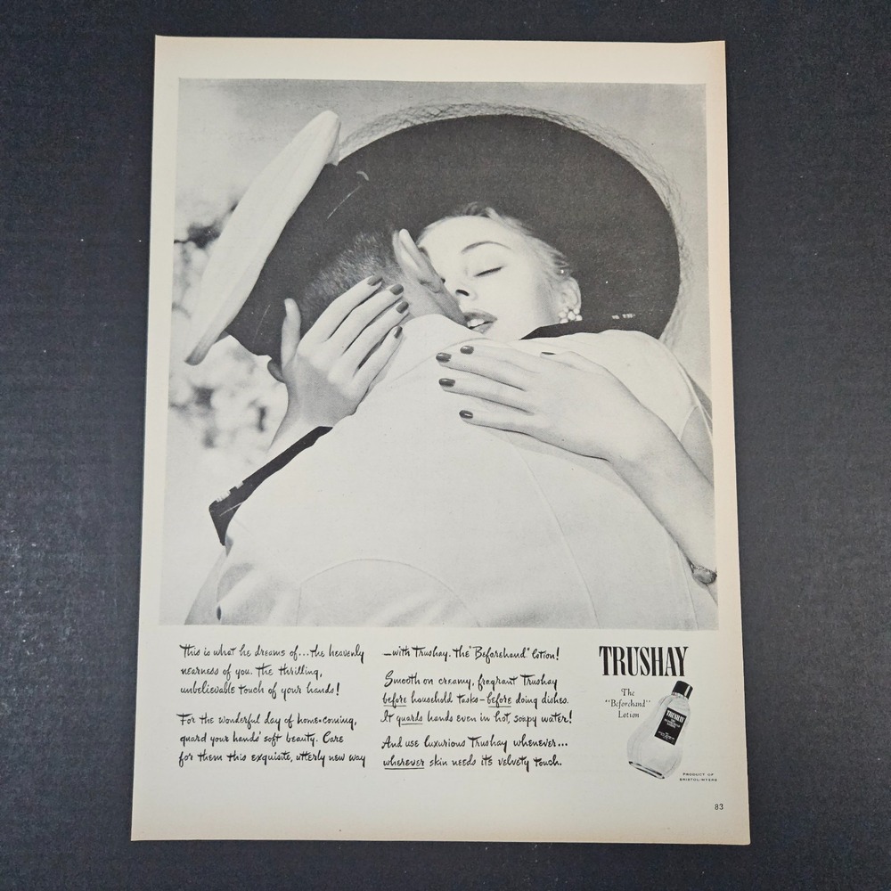 1945 Trushay Beforehand Lotion Vintage Print Ad‎ Kissing Soldier Bristol-Myers